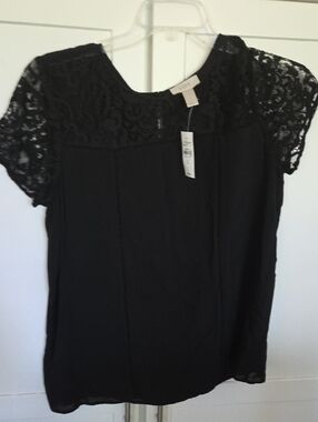LOFT Black Lace Yoke Short Sleeve Top